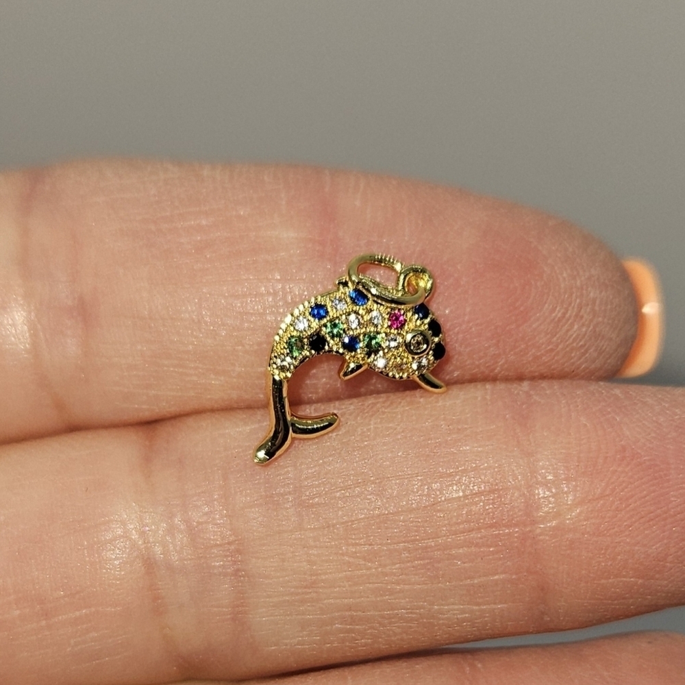 Colorful Dolphin Charm Multicolor Cubic Zirconia- Charm For Charm Bracelet - Picture 4 of 8